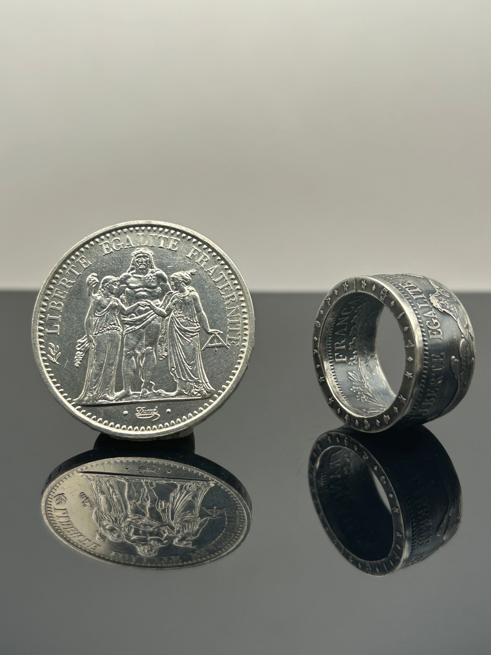 Bague pièce de monnaie 10 francs Hercule en argent massif Monnaia, bijou artisanal unique