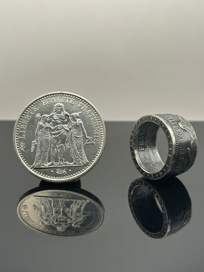 Bague pièce de monnaie 10 francs Hercule en argent massif Monnaia, bijou artisanal unique