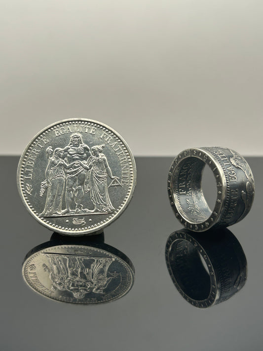 Bague pièce de monnaie 10 francs Hercule en argent massif Monnaia, bijou artisanal unique