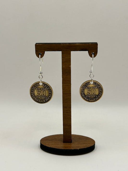 Boucles d’oreilles en pièce de monnaie 50 centimes Chambres de commerce