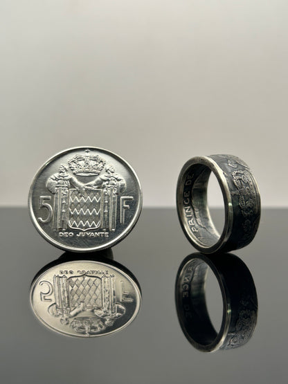 Bague pièce de monnaie 5 francs Monaco en argent massif Monnaia, bijou artisanal unique