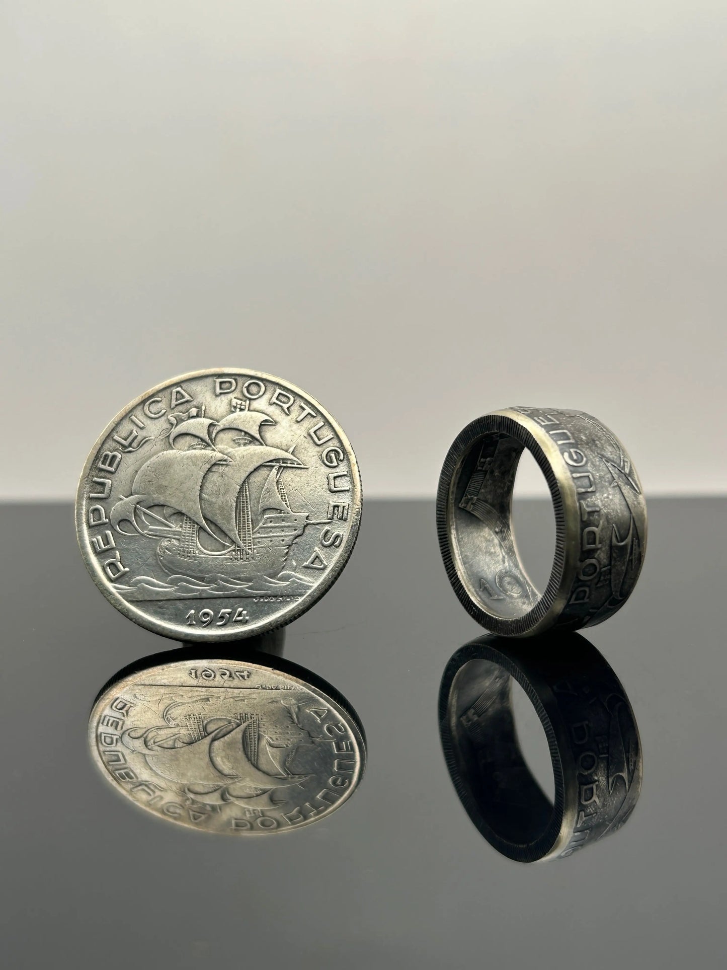 Bague pièce de monnaie 10 ESCUDOS Portugais en argent 680% MONNAIA