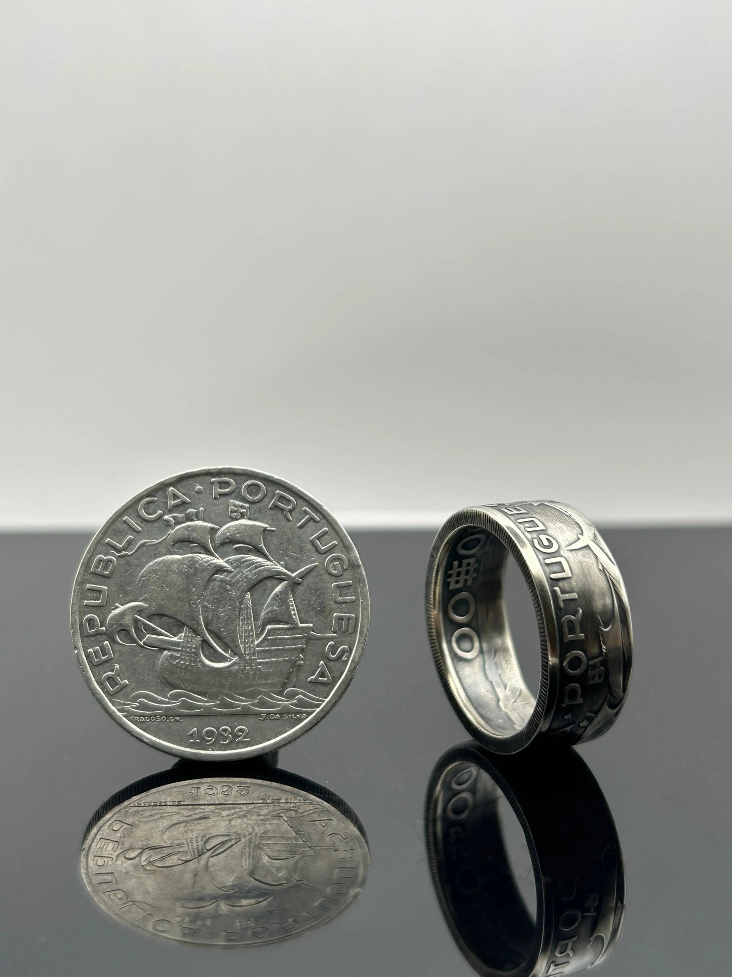 Bague pièce de monnaie 10 ESCUDOS Portugais en argent massif MONNAIA