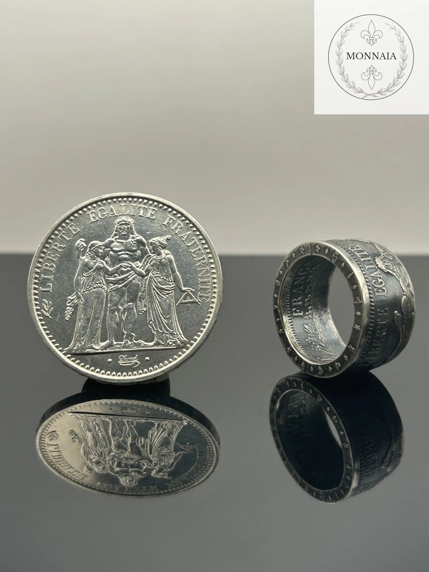 Bague pièce de monnaie 10 francs Hercule en argent massif Monnaia, bijou artisanal unique