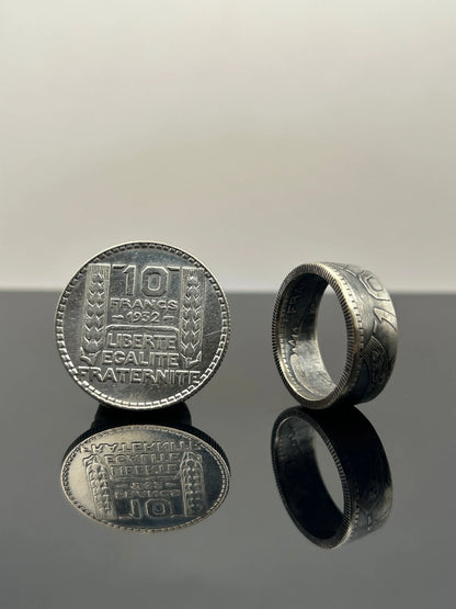 Bague pièce de monnaie 10 francs Turin en argent massif Monnaia, bijou artisanal unique