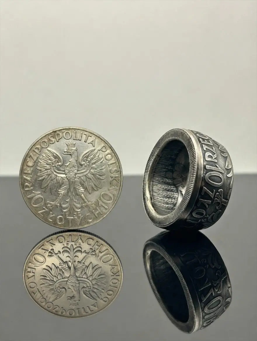 Bague pièce de monnaie 10 zloty Reine Jadwiga en argent MONNAIA
