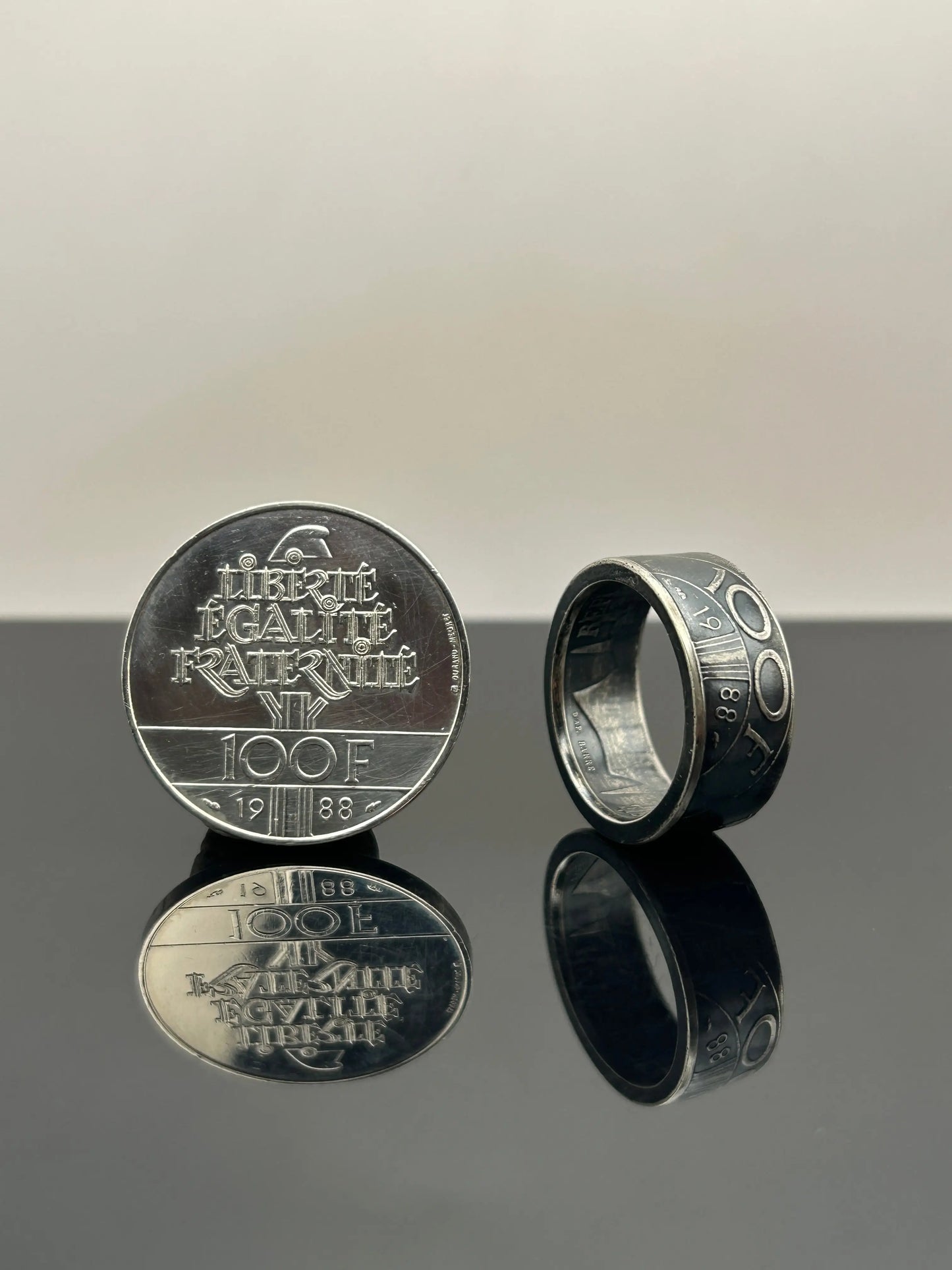 Bague pièce de monnaie 100 francs fraternité en argent massif Monnaia, bijou artisanal unique