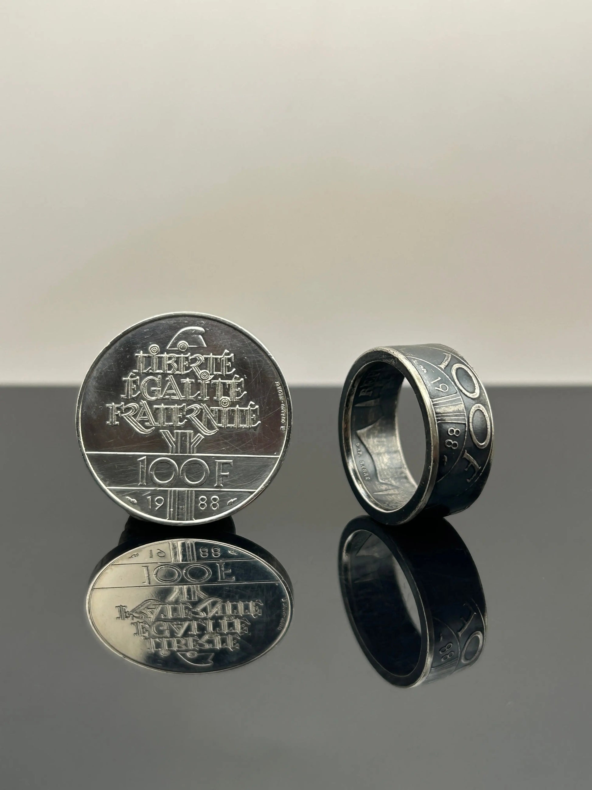 Bague pièce de monnaie 100 francs fraternité en argent massif Monnaia, bijou artisanal unique