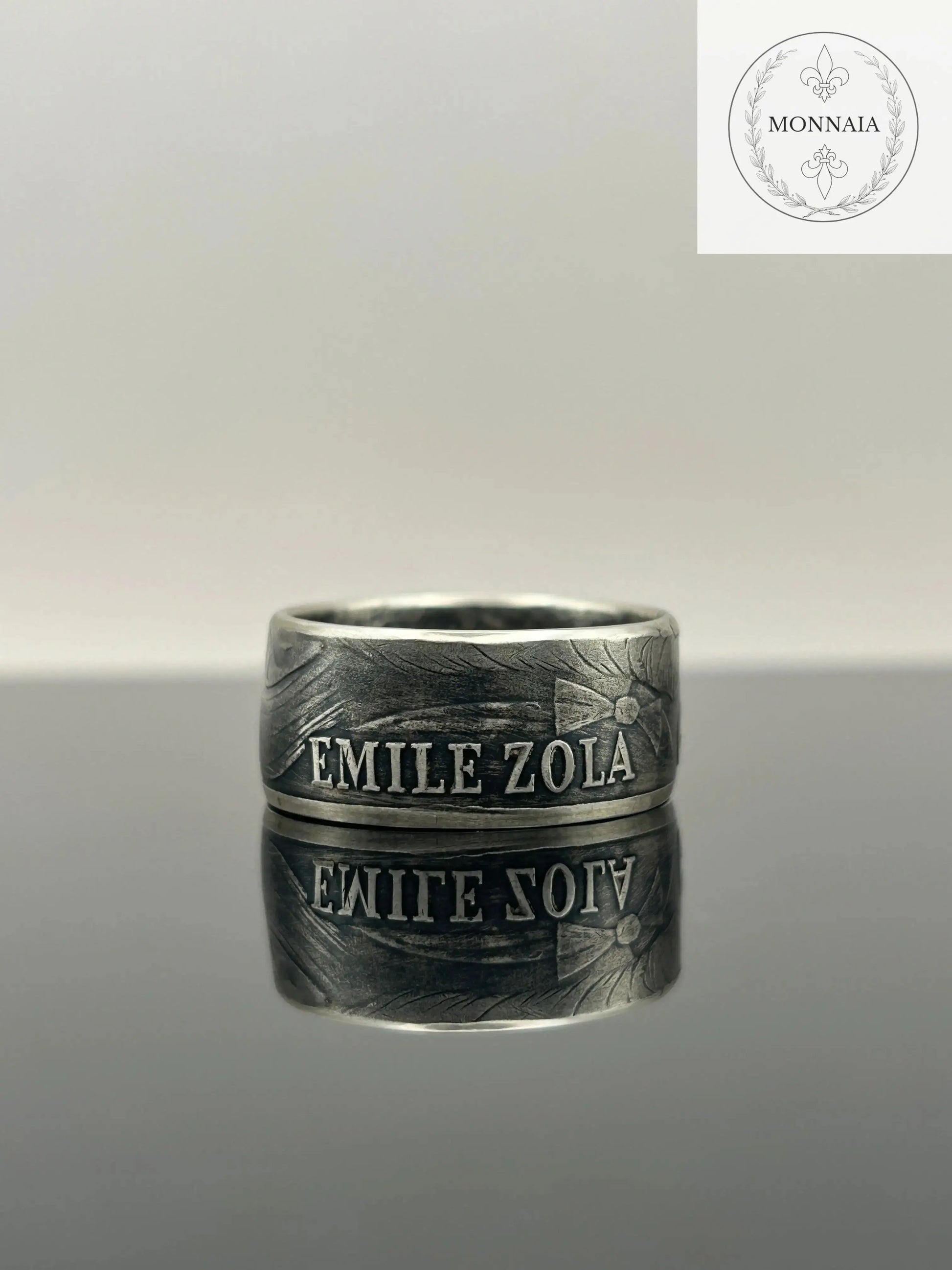 Bague pièce de monnaie 100 francs Émile Zola en argent massif MONNAIA