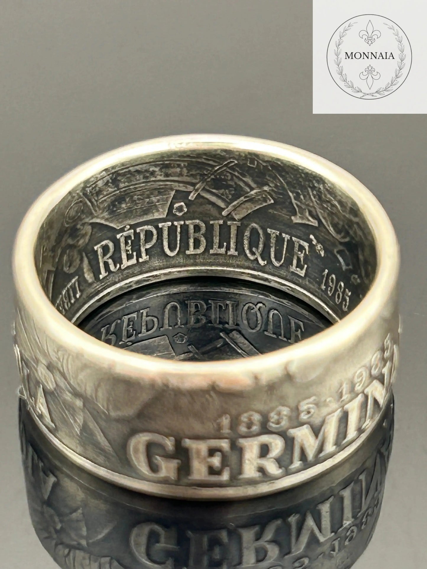 Bague pièce de monnaie 100 francs Émile Zola en argent massif MONNAIA