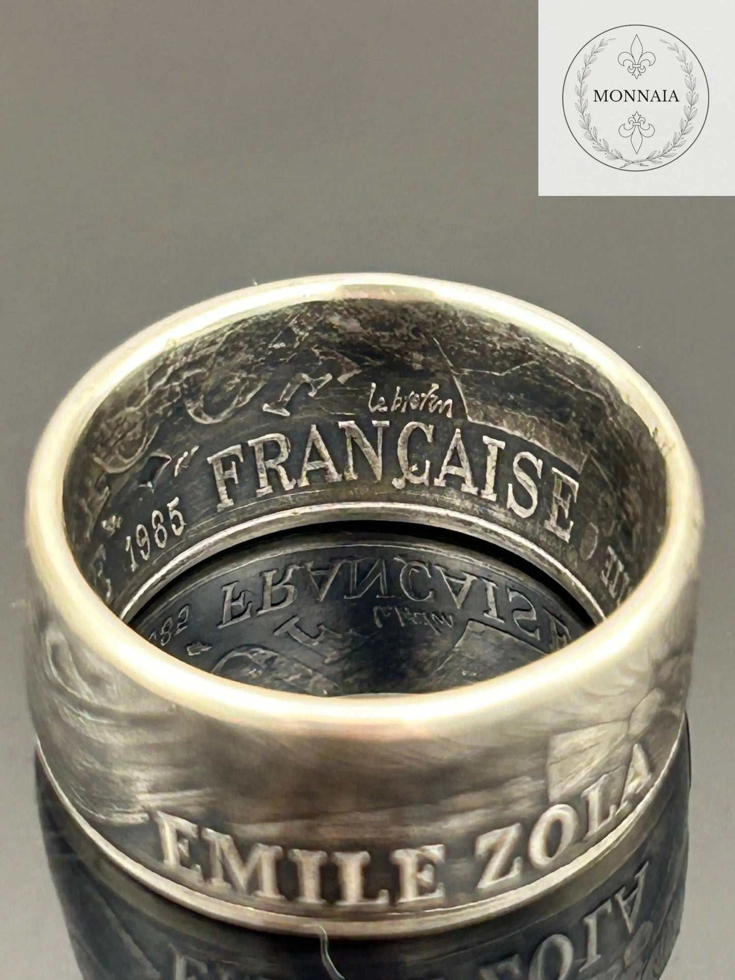 Bague pièce de monnaie 100 francs Émile Zola en argent massif MONNAIA