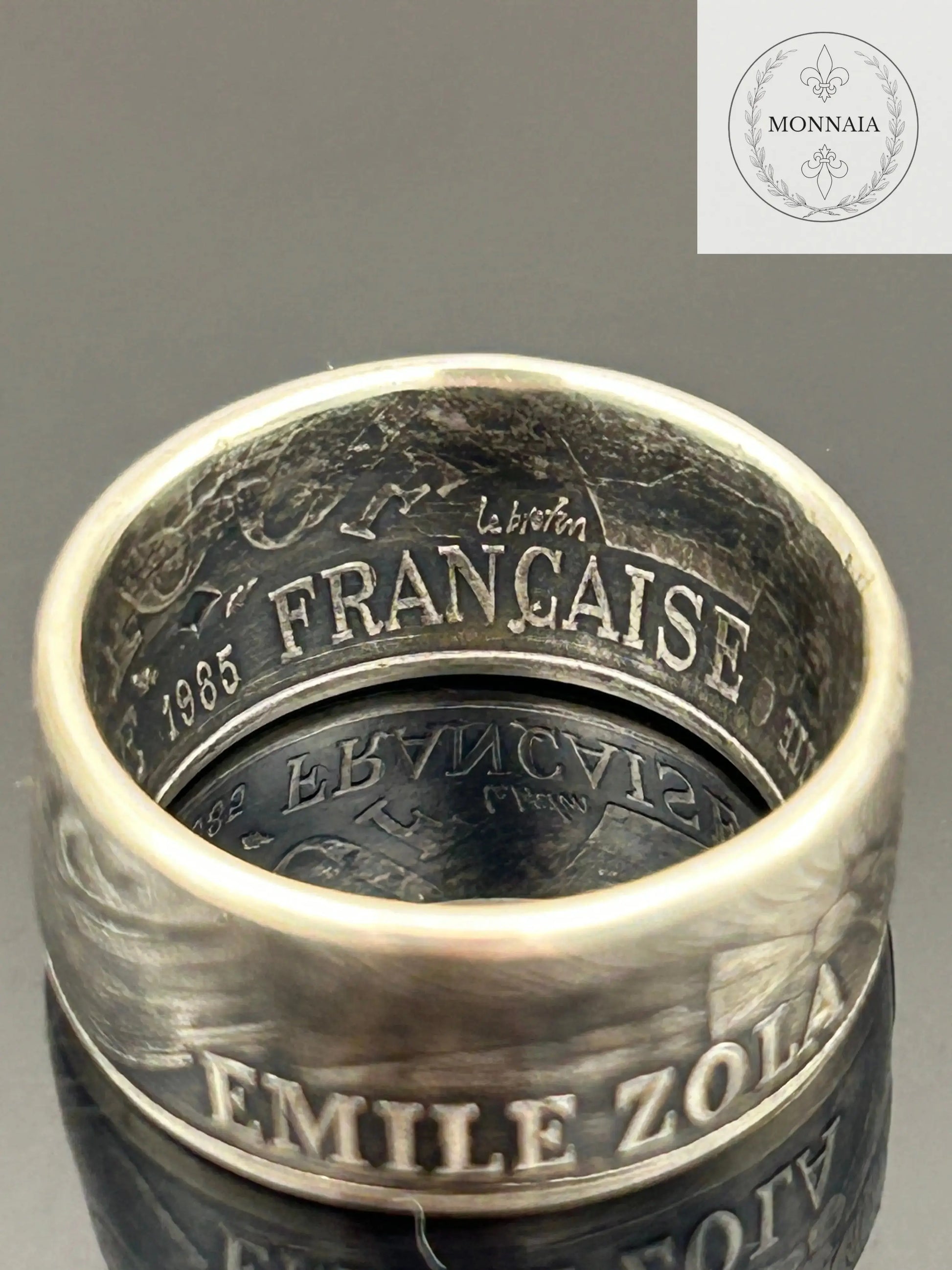 Bague pièce de monnaie 100 francs Émile Zola en argent massif MONNAIA