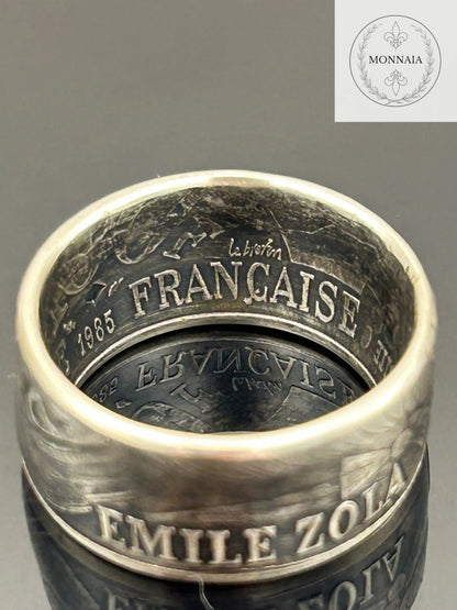 Bague pièce de monnaie 100 francs Émile Zola en argent massif MONNAIA