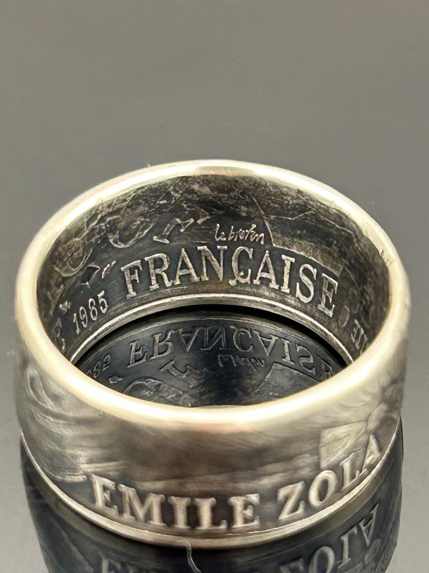 Bague pièce de monnaie 100 francs Émile Zola en argent massif MONNAIA