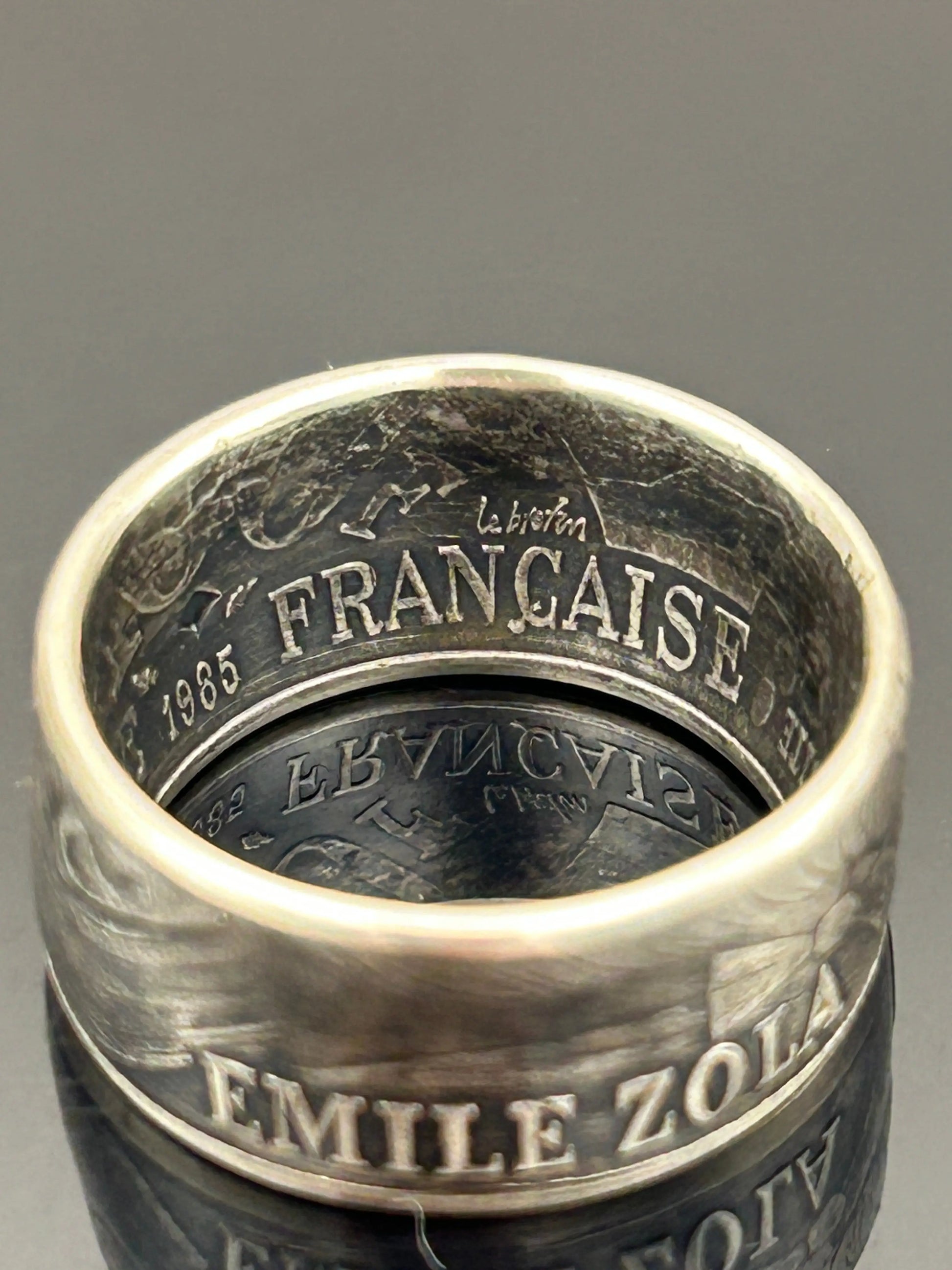 Bague pièce de monnaie 100 francs Émile Zola en argent massif MONNAIA