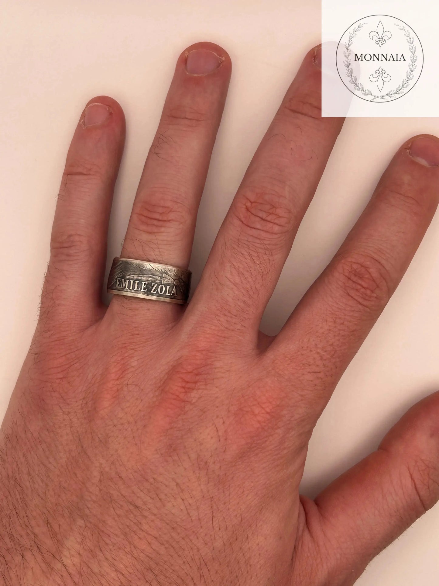 Bague pièce de monnaie 100 francs Émile Zola en argent massif MONNAIA