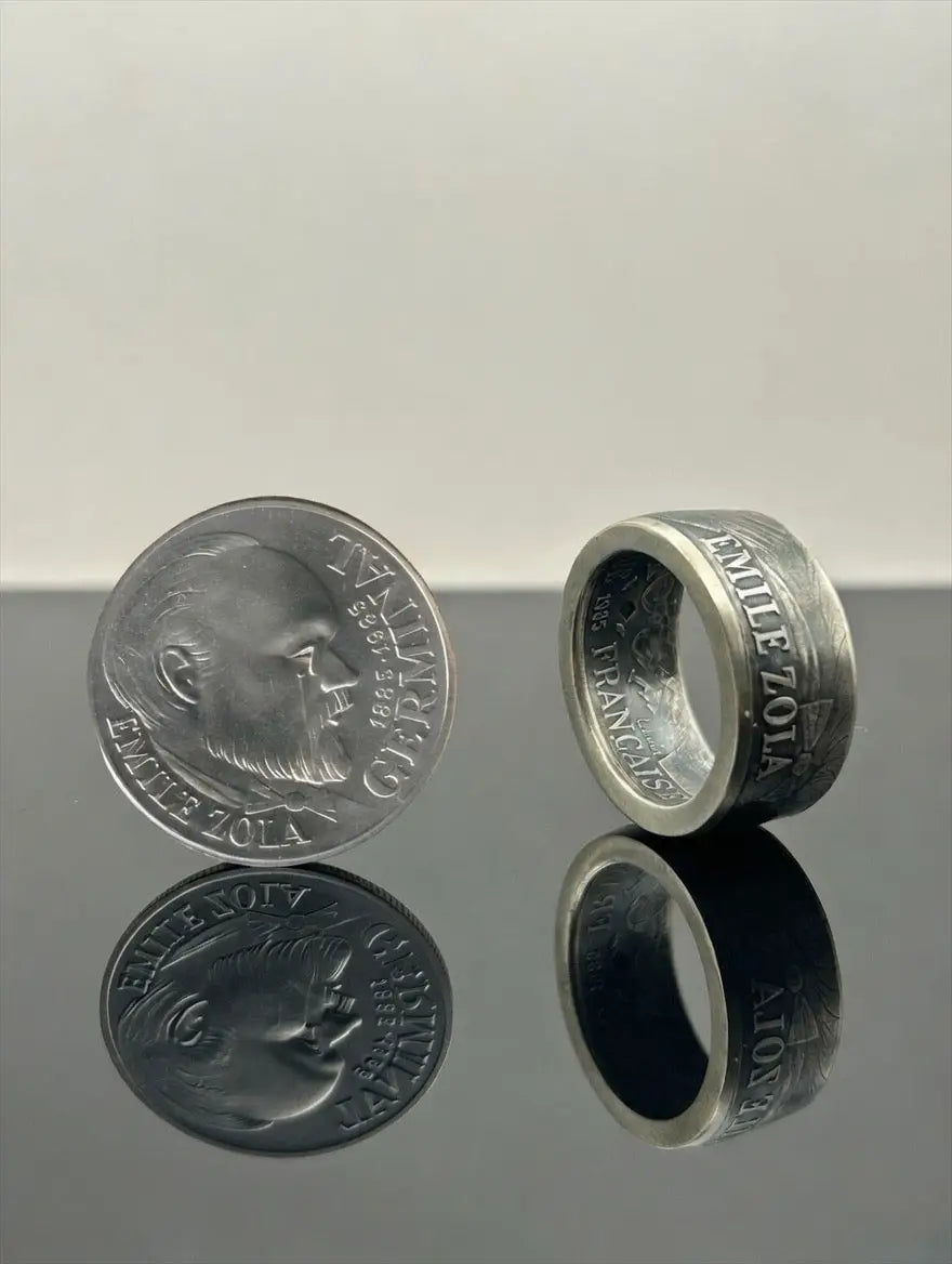 Bague pièce de monnaie 100 francs Émile Zola en argent massif MONNAIA