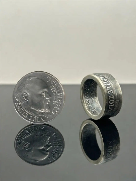 Bague pièce de monnaie 100 francs Émile Zola en argent massif MONNAIA