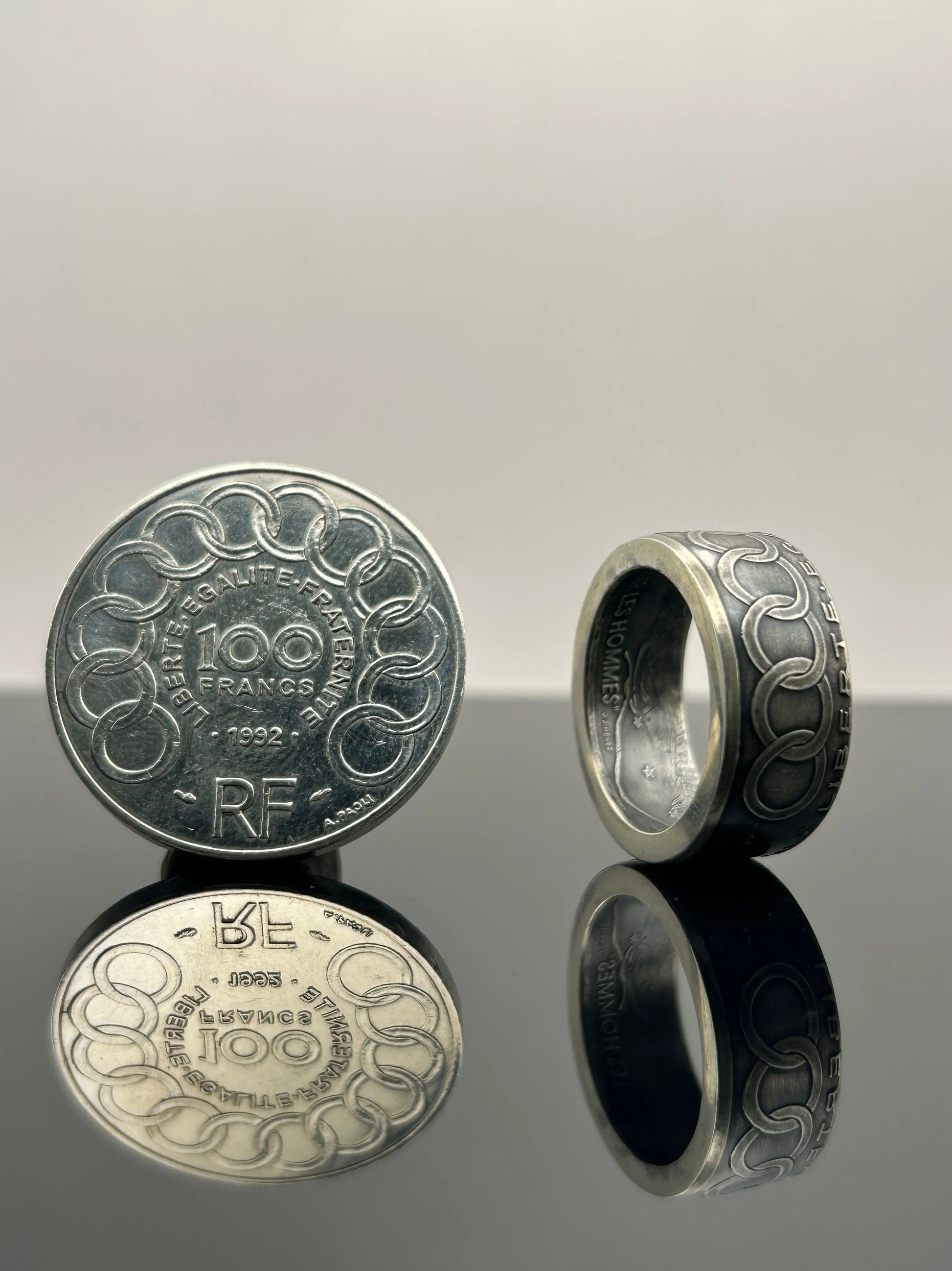 Bague pièce de monnaie 100 francs Jean Monnet en Argent massif MONNAIA