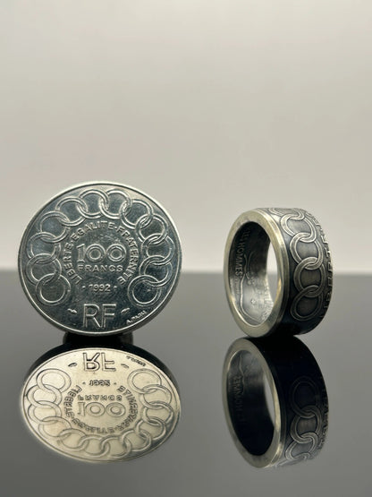 Bague pièce de monnaie 100 francs Jean Monnet en Argent massif MONNAIA
