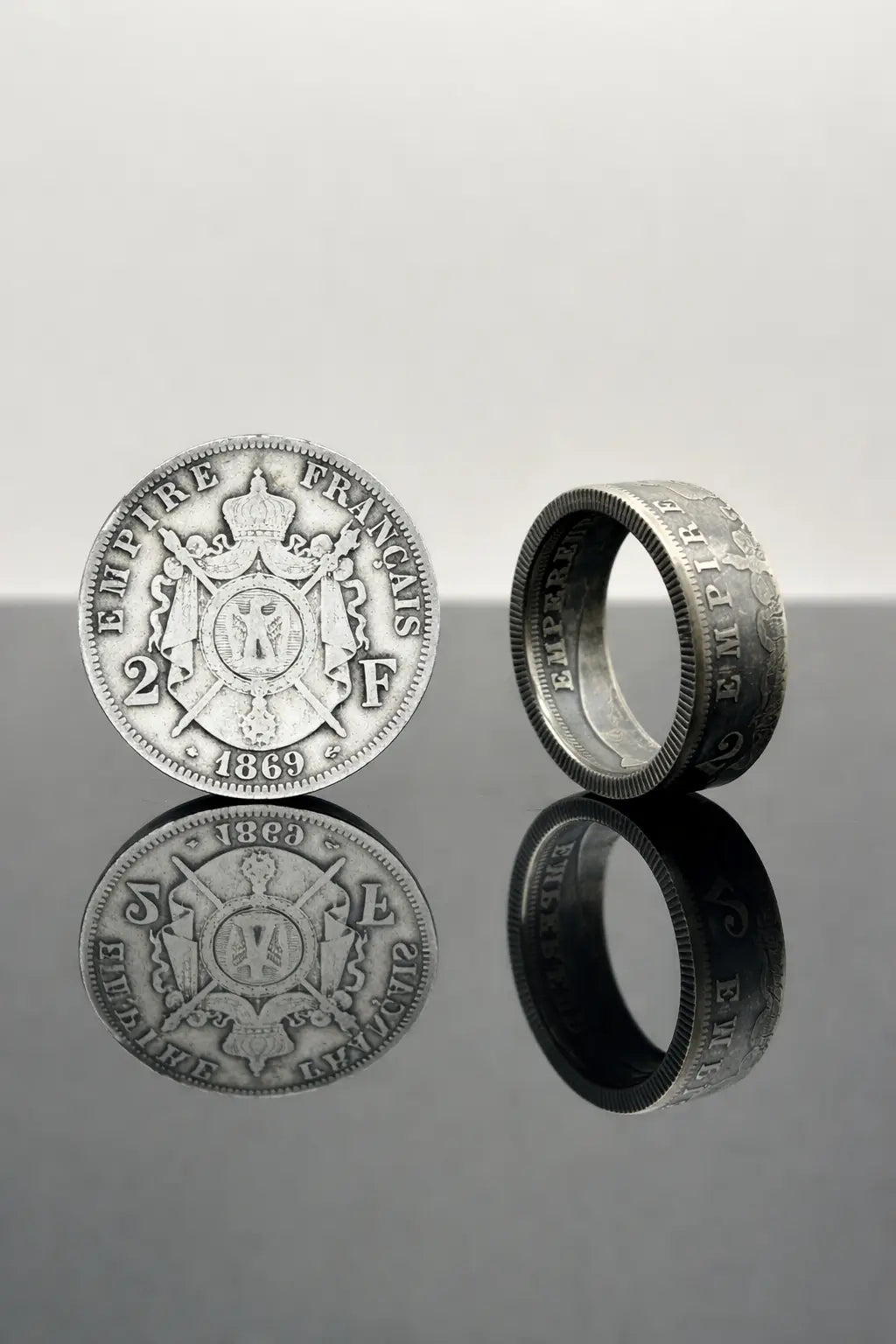 Bague pièce de monnaie 2 francs Napoléon III en argent massif MONNAIA