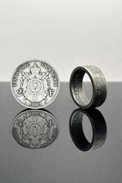 Bague pièce de monnaie 2 francs Napoléon III en argent massif MONNAIA