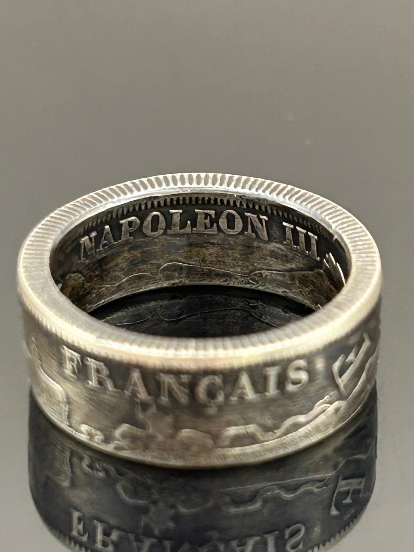 Bague pièce de monnaie 2 francs Napoléon III en argent massif MONNAIA
