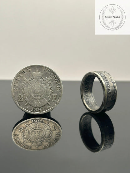 Bague pièce de monnaie 2 francs Napoléon III en argent massif MONNAIA