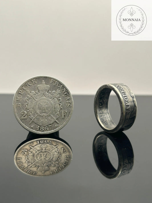 Bague pièce de monnaie 2 francs Napoléon III en argent massif MONNAIA