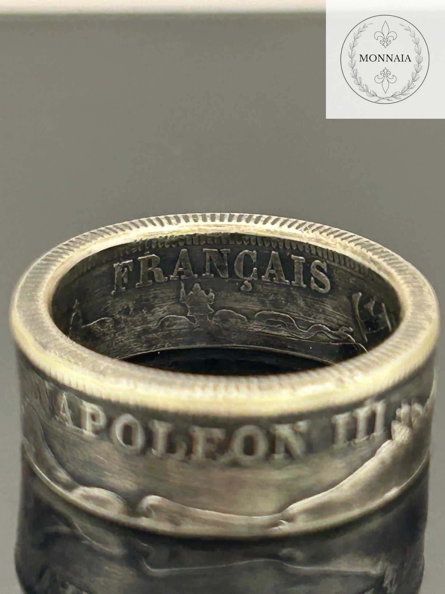Bague pièce de monnaie 2 francs Napoléon III en argent massif MONNAIA