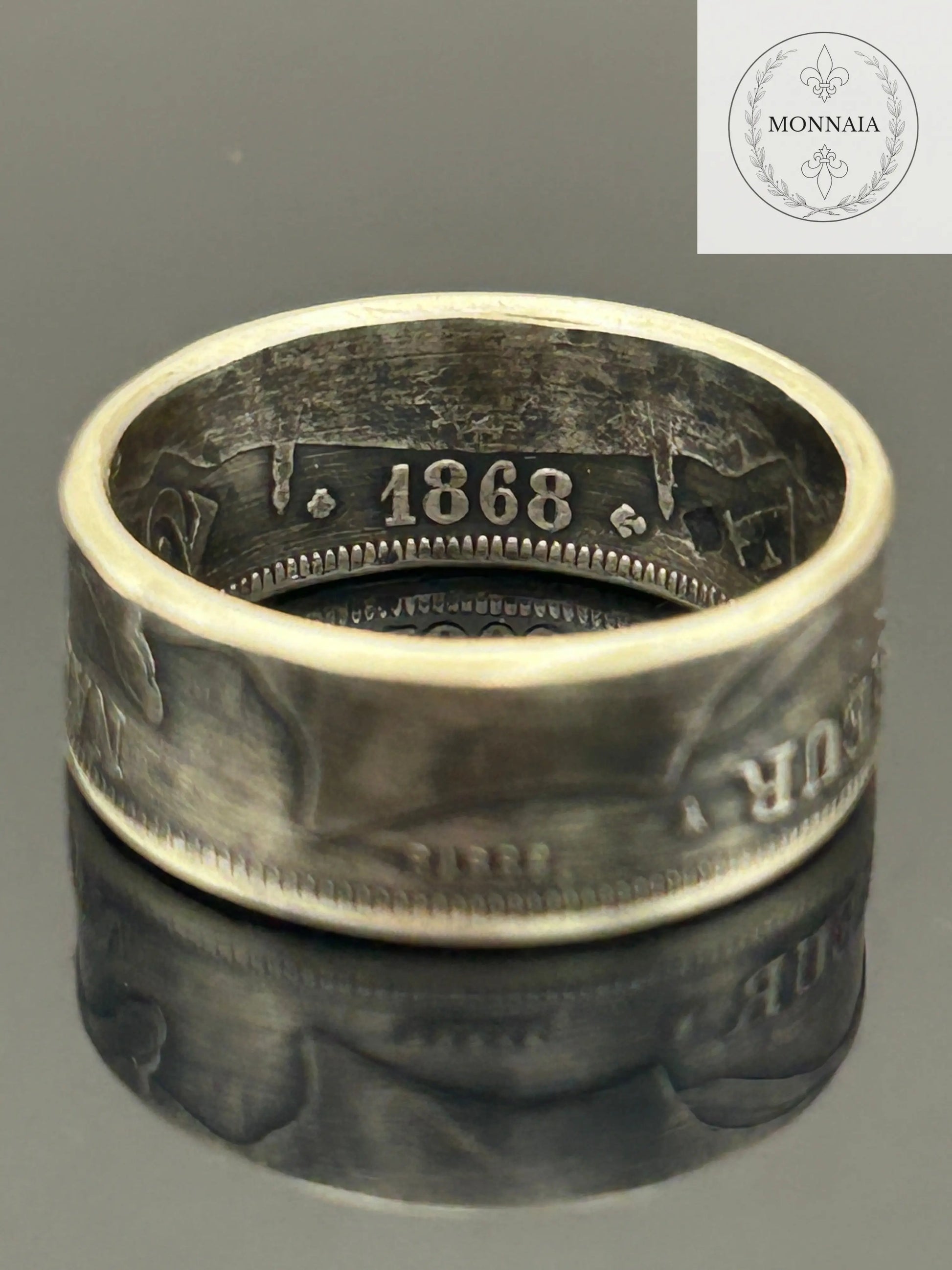 Bague pièce de monnaie 2 francs Napoléon III en argent massif MONNAIA