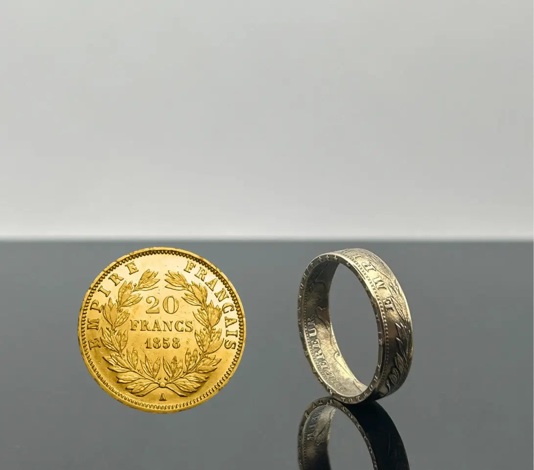 Bague pièce de monnaie 20 Francs Napoléon III en or massif