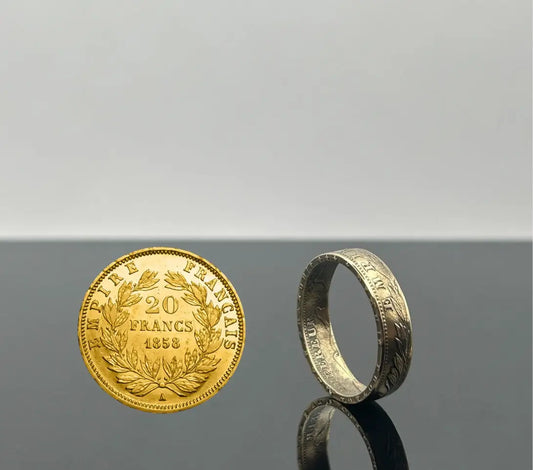 Bague pièce de monnaie 20 Francs Napoléon III en or massif