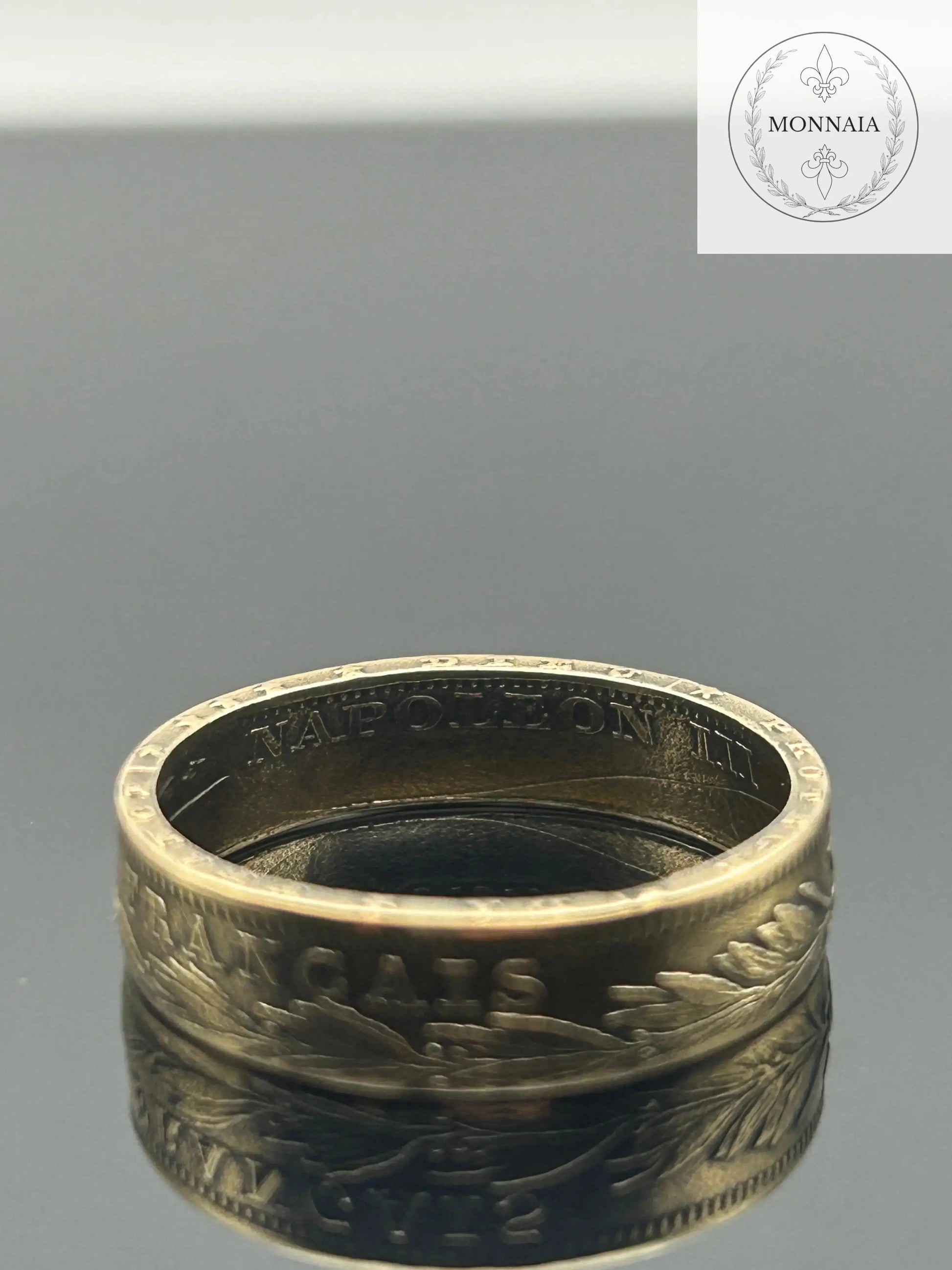 Bague pièce de monnaie 20 Francs Napoléon III en or massif façonnée à la main à partir d’une pièce française authentique