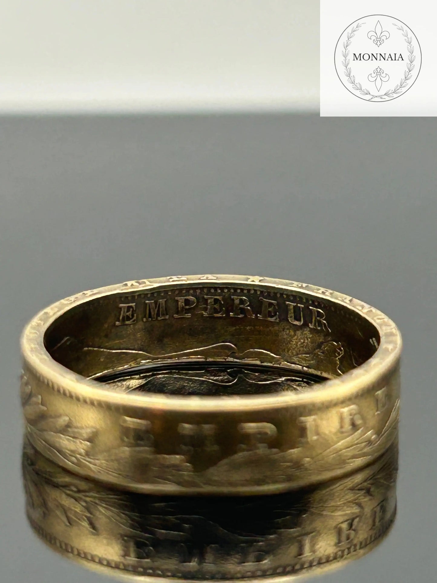 Bague pièce de monnaie 20 Francs Napoléon III en or massif façonnée à la main à partir d’une pièce française authentique
