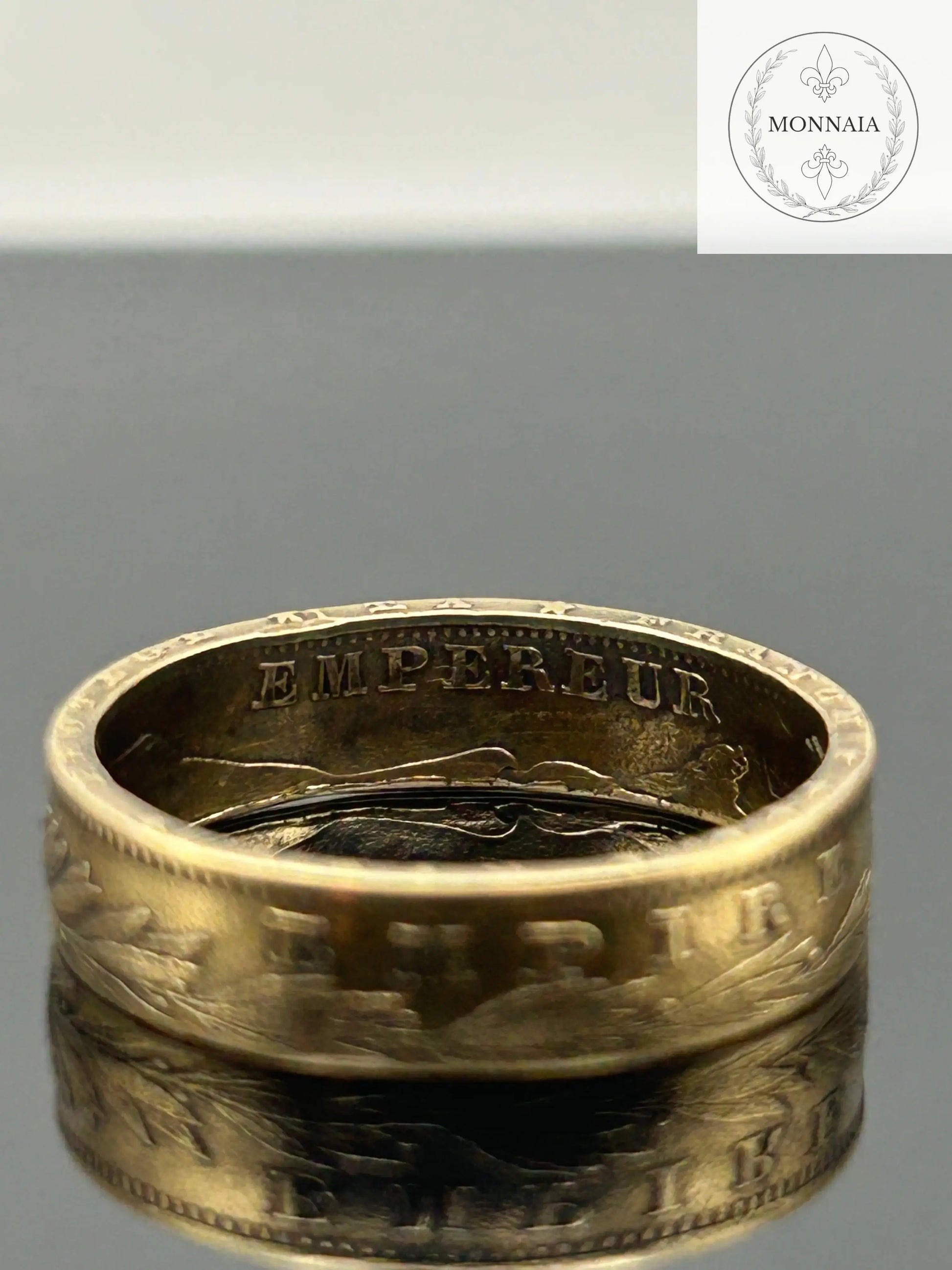 Bague pièce de monnaie 20 Francs Napoléon III en or massif façonnée à la main à partir d’une pièce française authentique