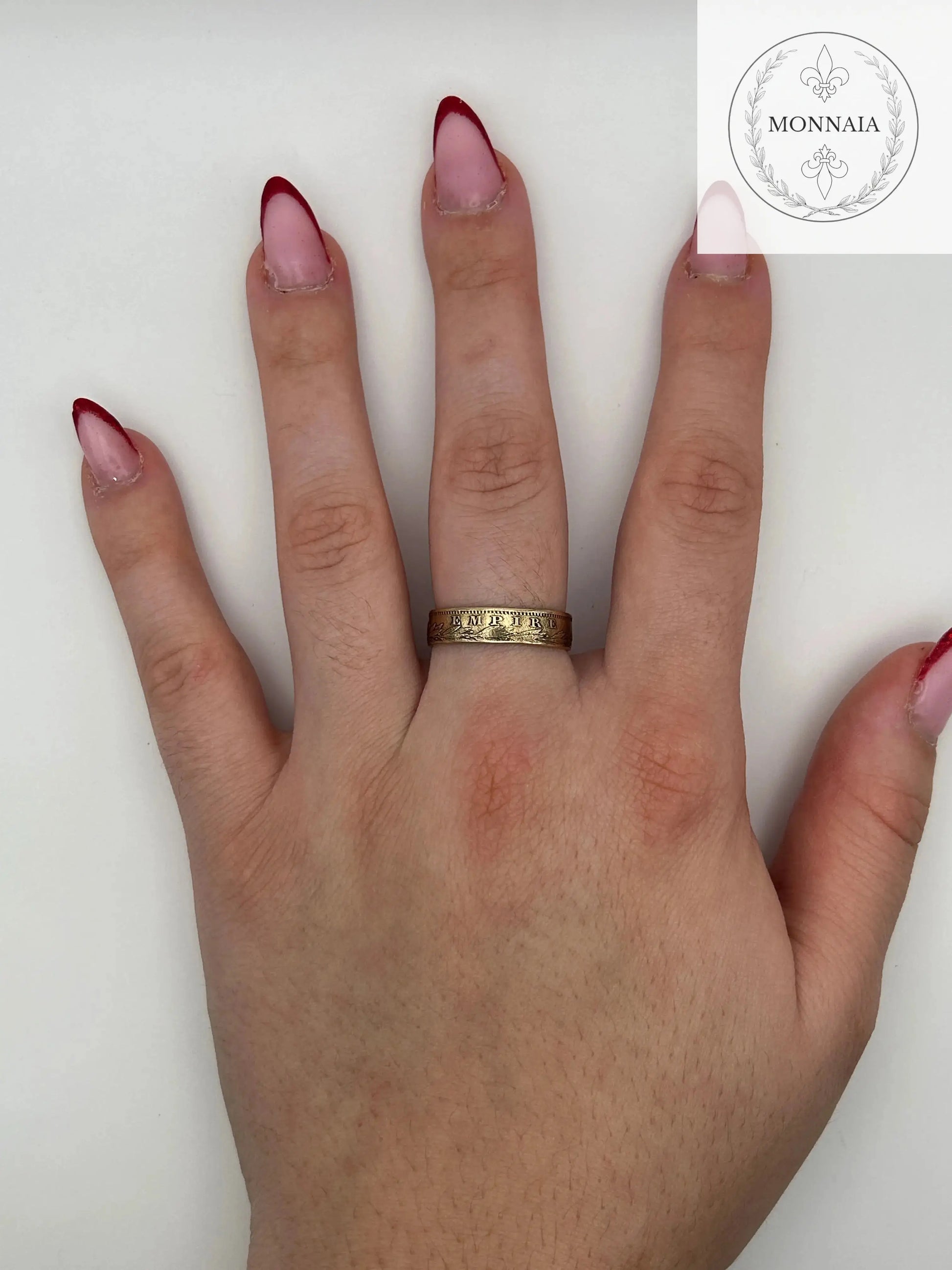 Bague pièce de monnaie 20 Francs Napoléon III en or massif façonnée à la main à partir d’une pièce française authentique