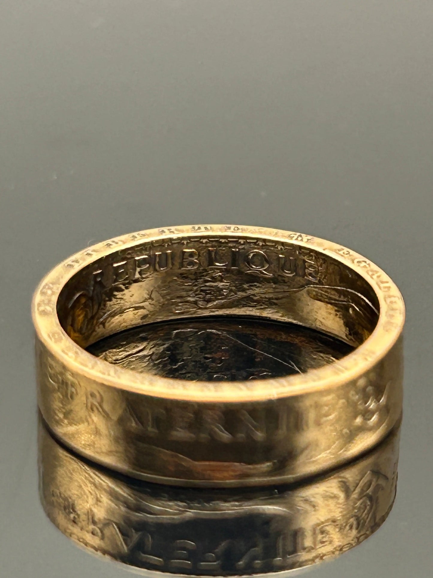 Bague pièce de monnaie 20 francs Coq Dieu protège la France en or massif MONNAIA