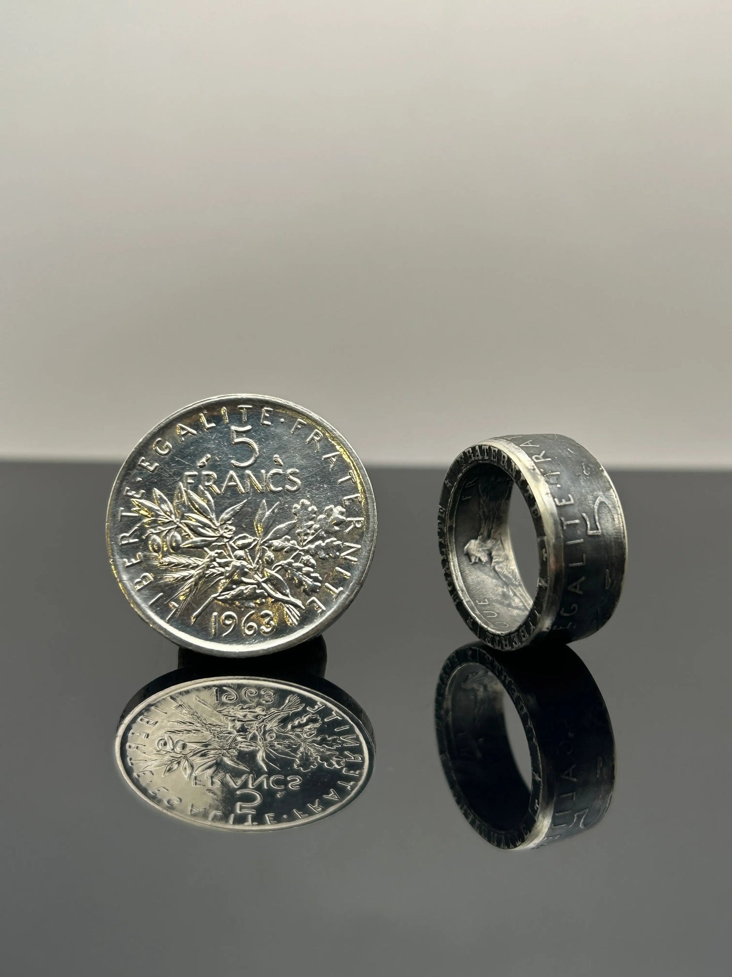 Bague pièce de monnaie 5 francs semeuse en argent massif Monnaia, bijou artisanal unique