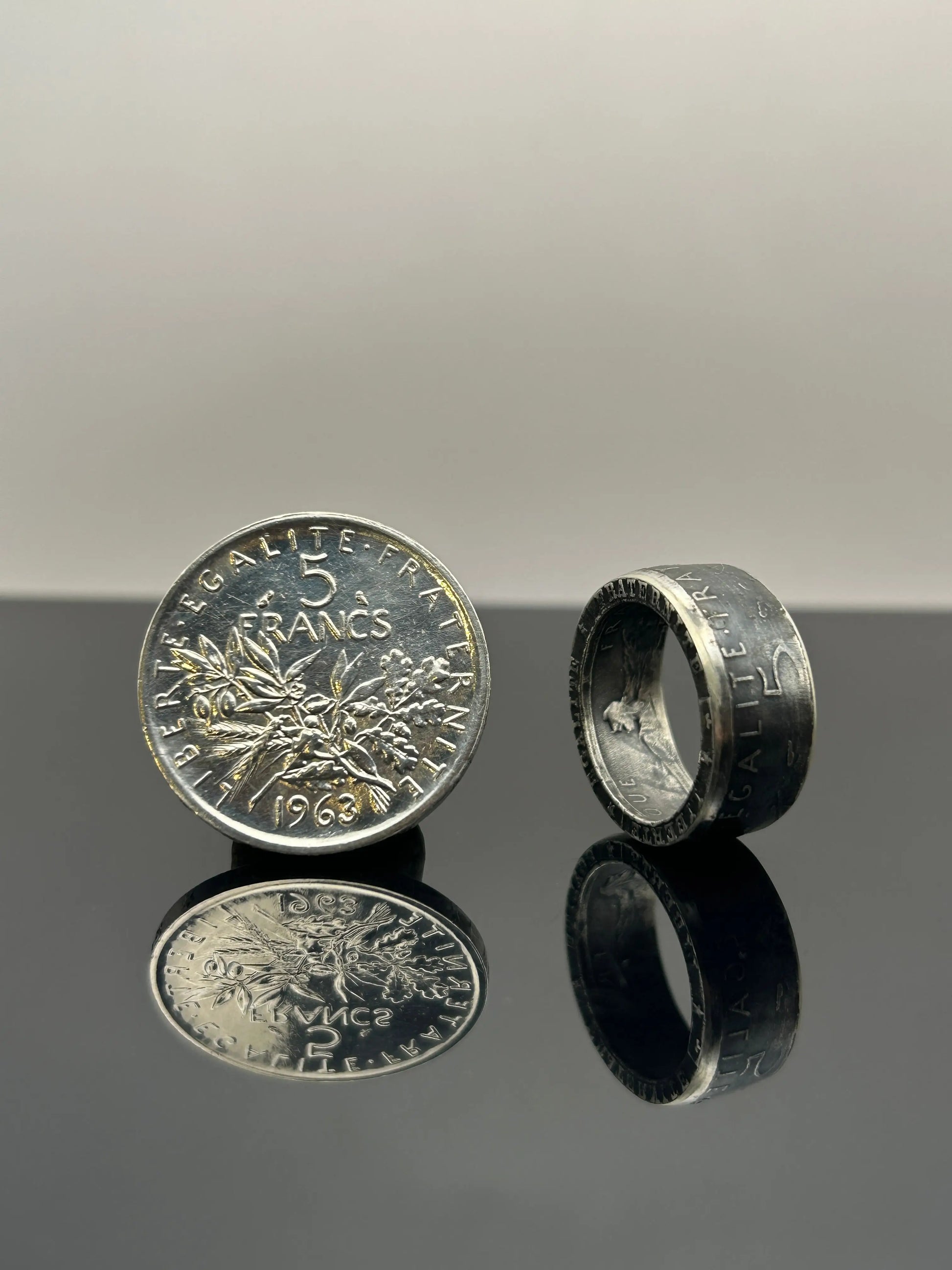 Bague pièce de monnaie 5 francs semeuse en argent massif Monnaia, bijou artisanal unique