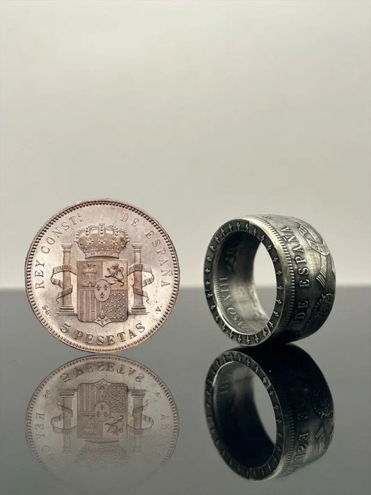Bague pièce de monnaie 5 Pesetas en argent massif MONNAIA