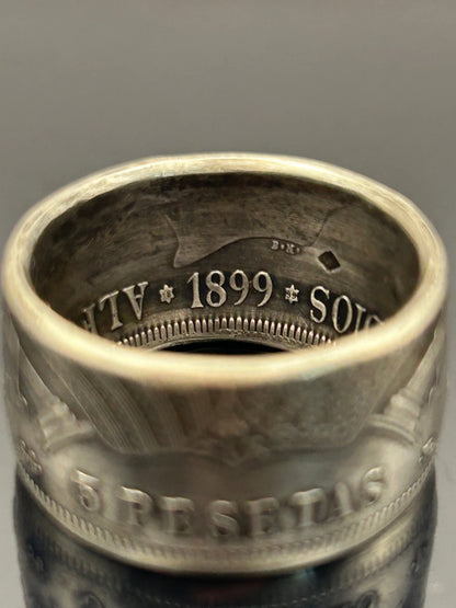 Bague pièce de monnaie 5 Pesetas en argent massif MONNAIA