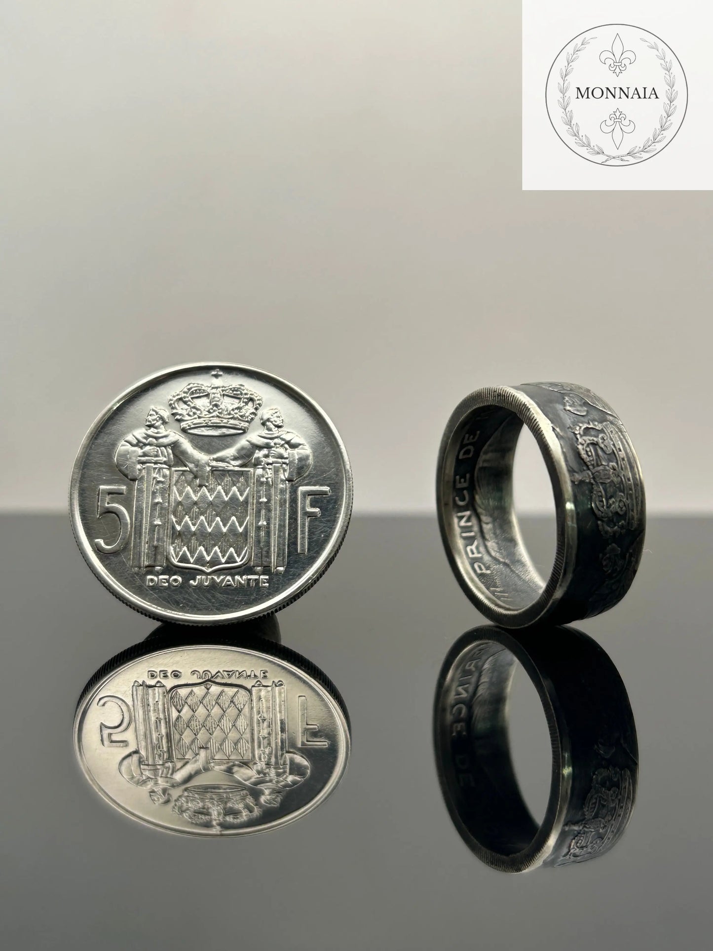 Bague pièce de monnaie 5 francs Monaco en argent massif Monnaia, bijou artisanal unique