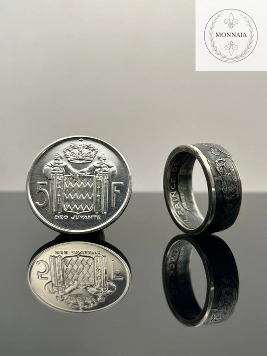 Bague pièce de monnaie 5 francs Monaco en argent massif Monnaia, bijou artisanal unique