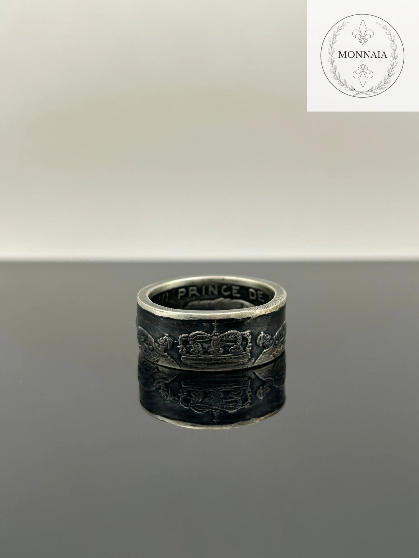 Bague pièce de monnaie 5 francs Monaco en argent massif Monnaia, bijou artisanal unique