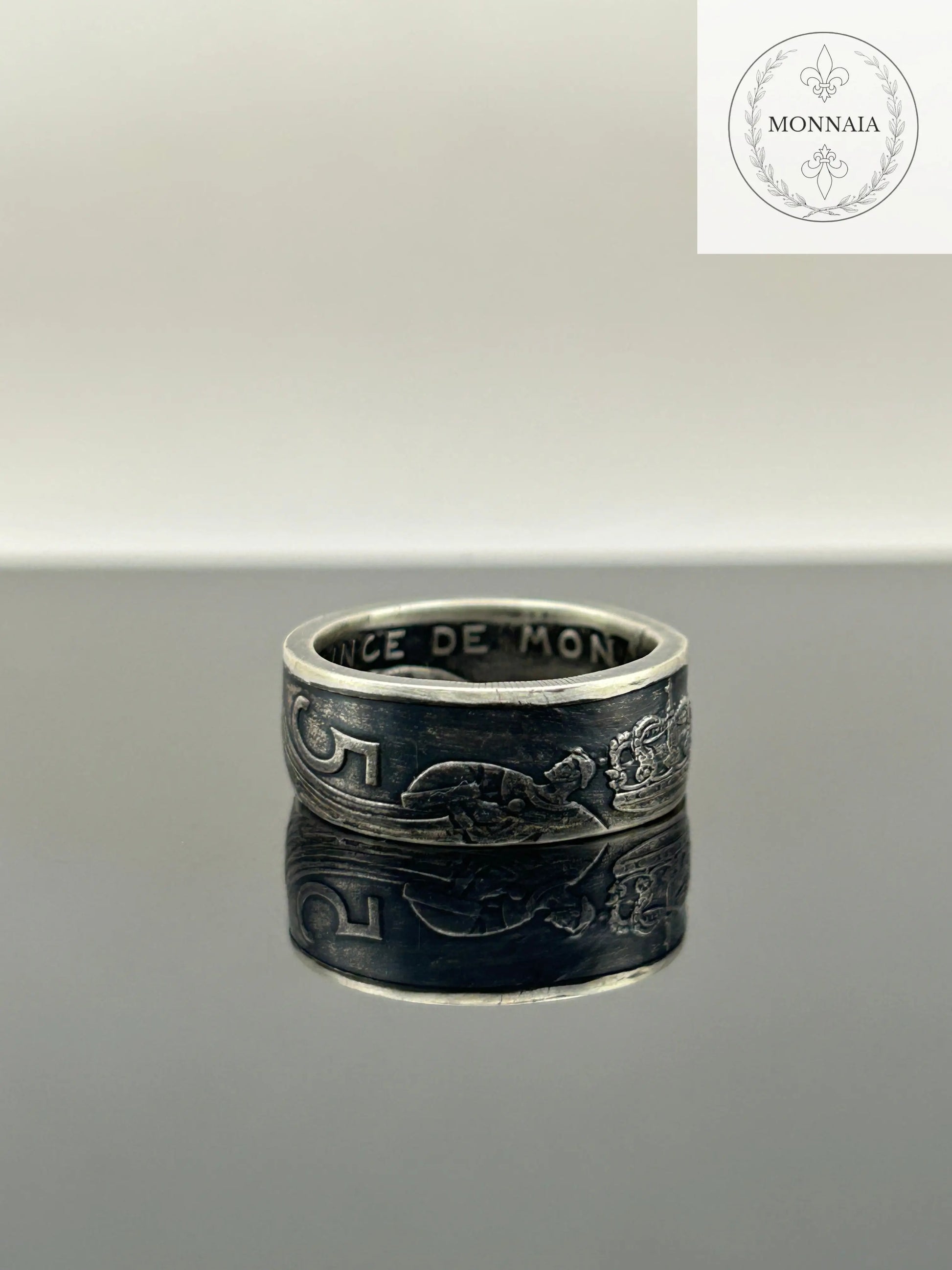 Bague pièce de monnaie 5 francs Monaco en argent massif Monnaia, bijou artisanal unique