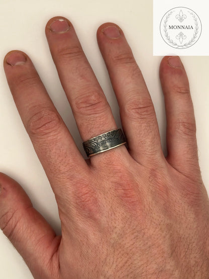 Bague pièce de monnaie 5 francs Monaco en argent massif Monnaia, bijou artisanal unique