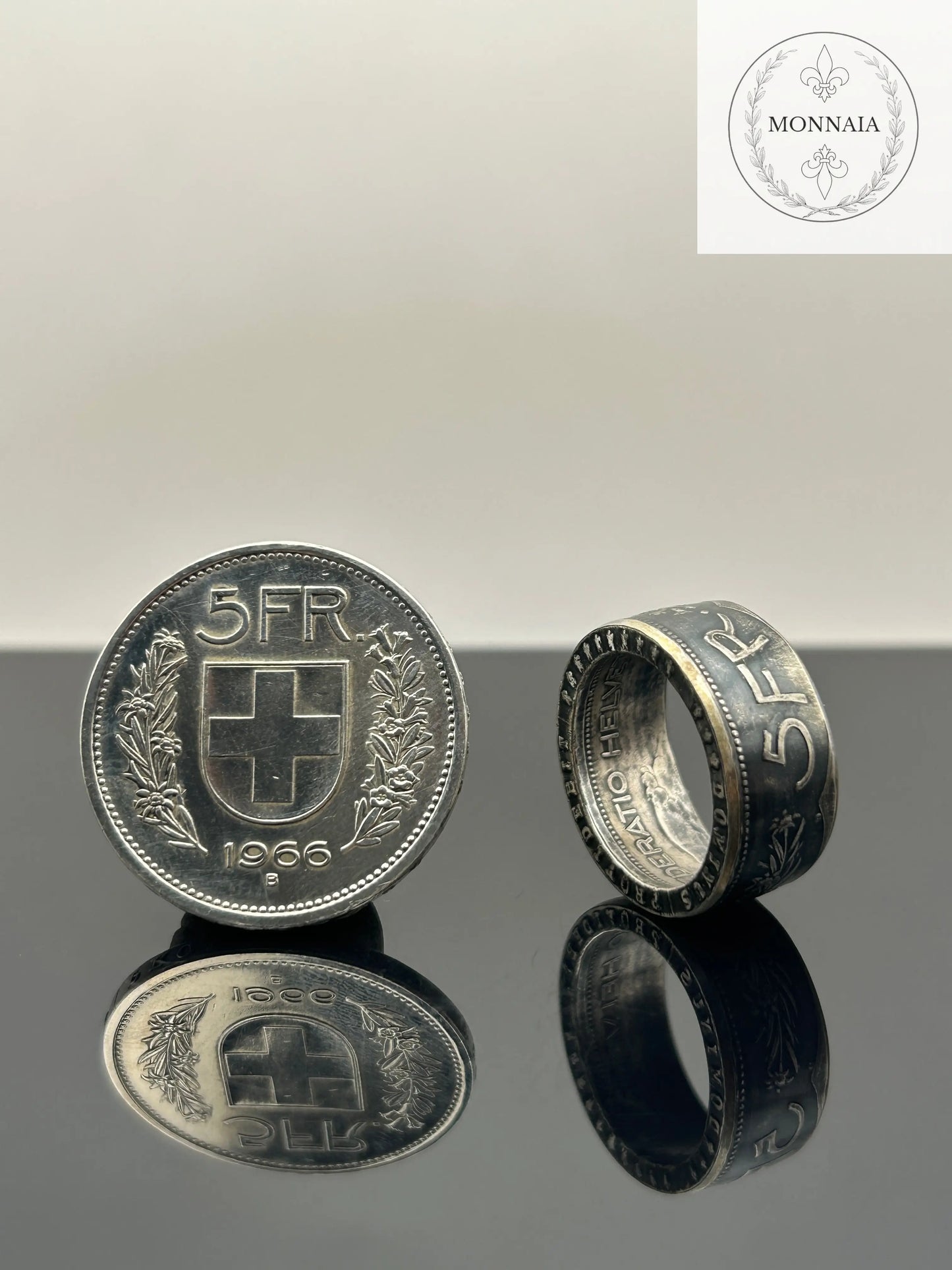 Bague pièce de monnaie 5 francs Suisse en argent massif Monnaia, bijou artisanal unique