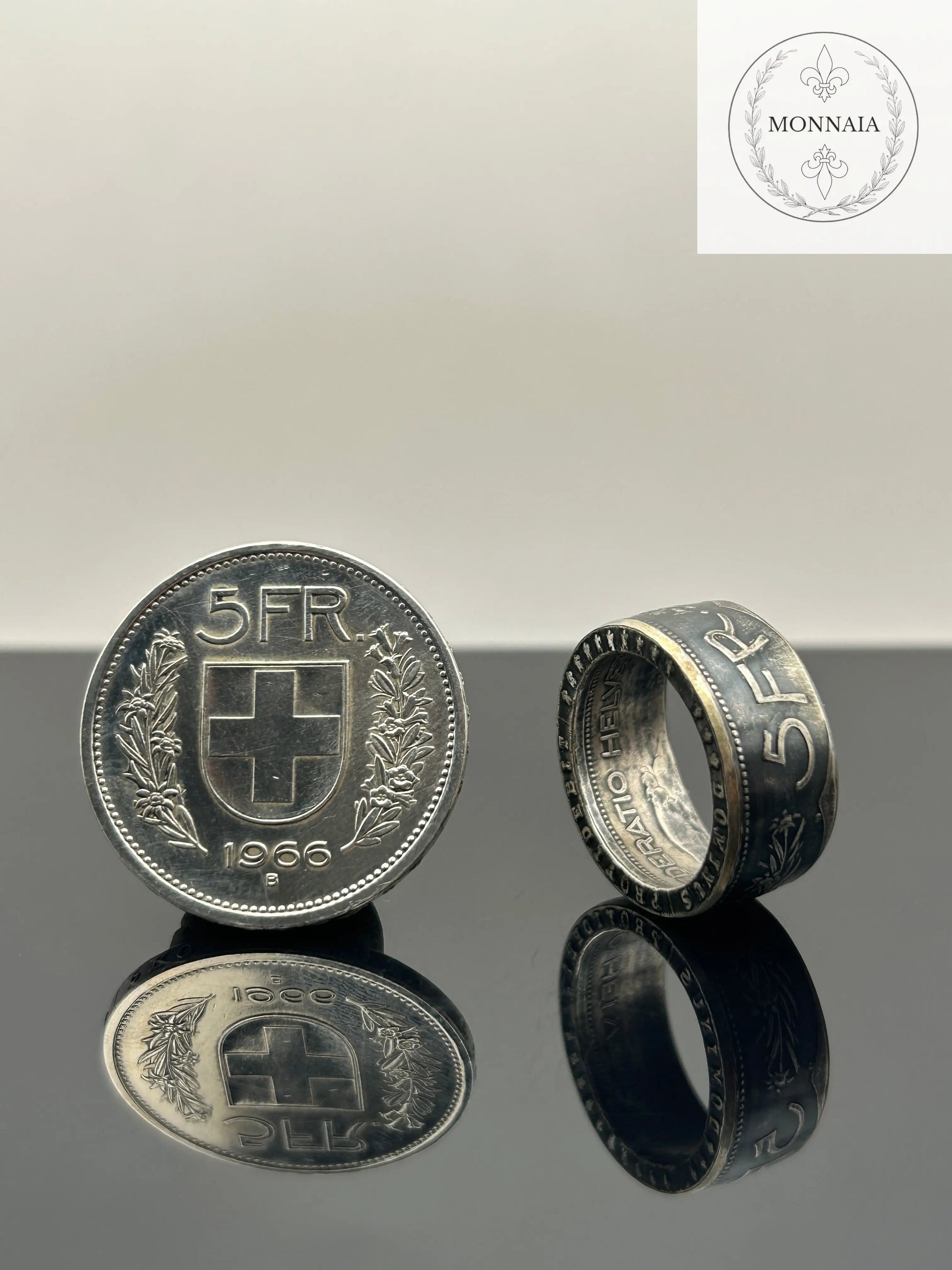 Bague pièce de monnaie 5 francs Suisse en argent massif Monnaia, bijou artisanal unique