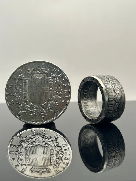 Bague pièce de monnaie 5 lires Victor-Emmanuel II en argent massif MONNAIA